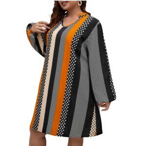 SHEIN Clasi Plus Polka Dot & Striped Print Lantern Sleeve Dress Without Belt